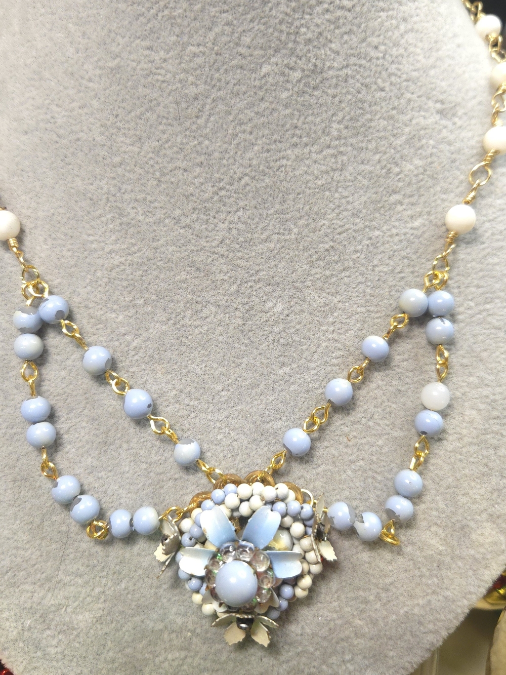 Vintage Bead And Pendant Light Blue And Cream Statement Necklace